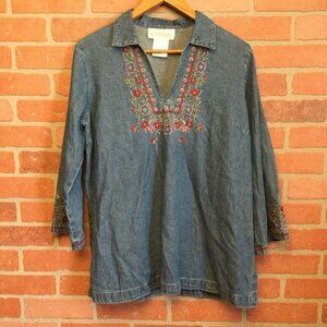 Motherhood Maternity Boho Top denim floral embroidered 3/4 length sleeve Size M